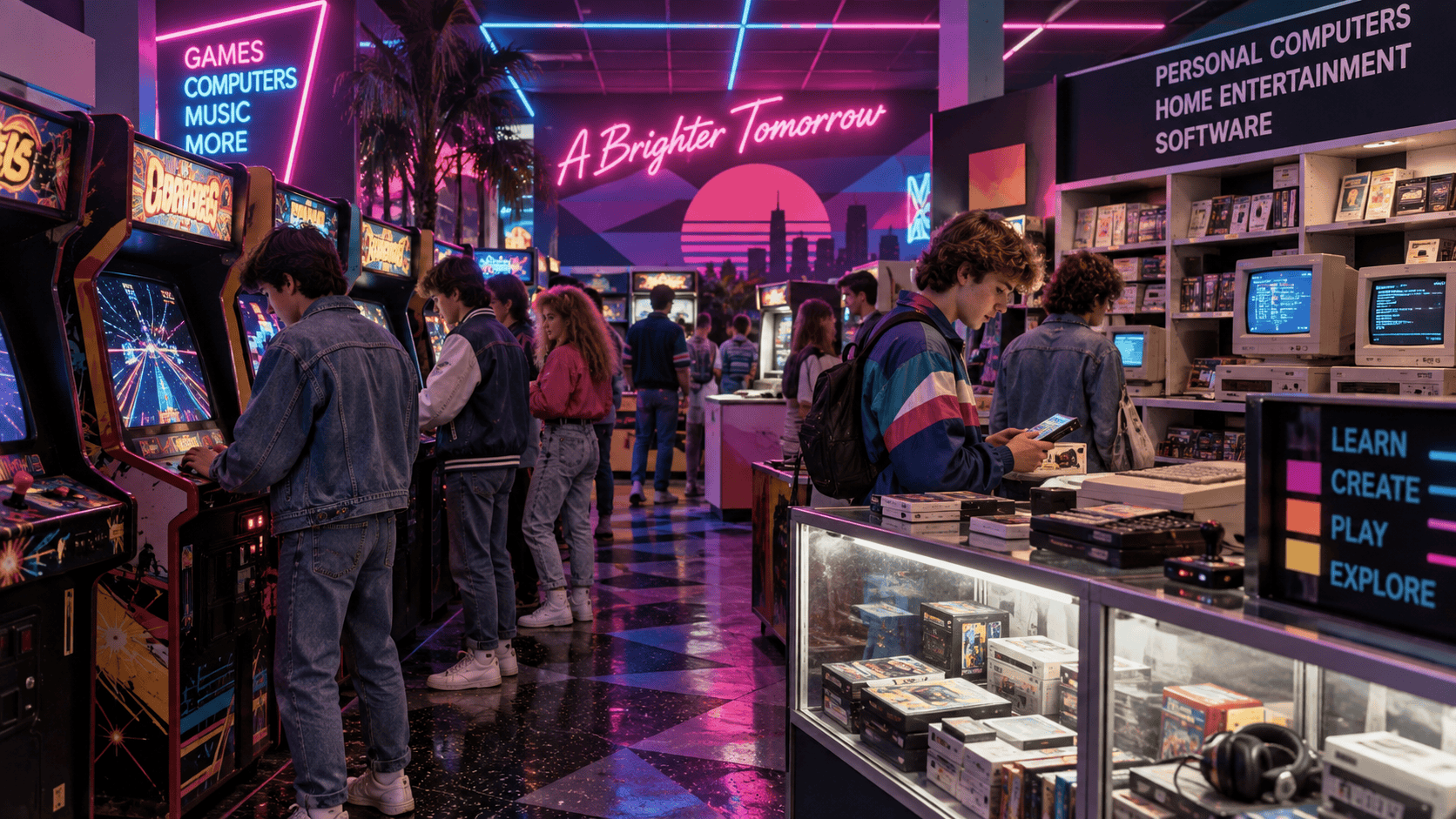 1980s arcade and computer store with CRT personal computers, video games, neon lighting and retro electronics culture
