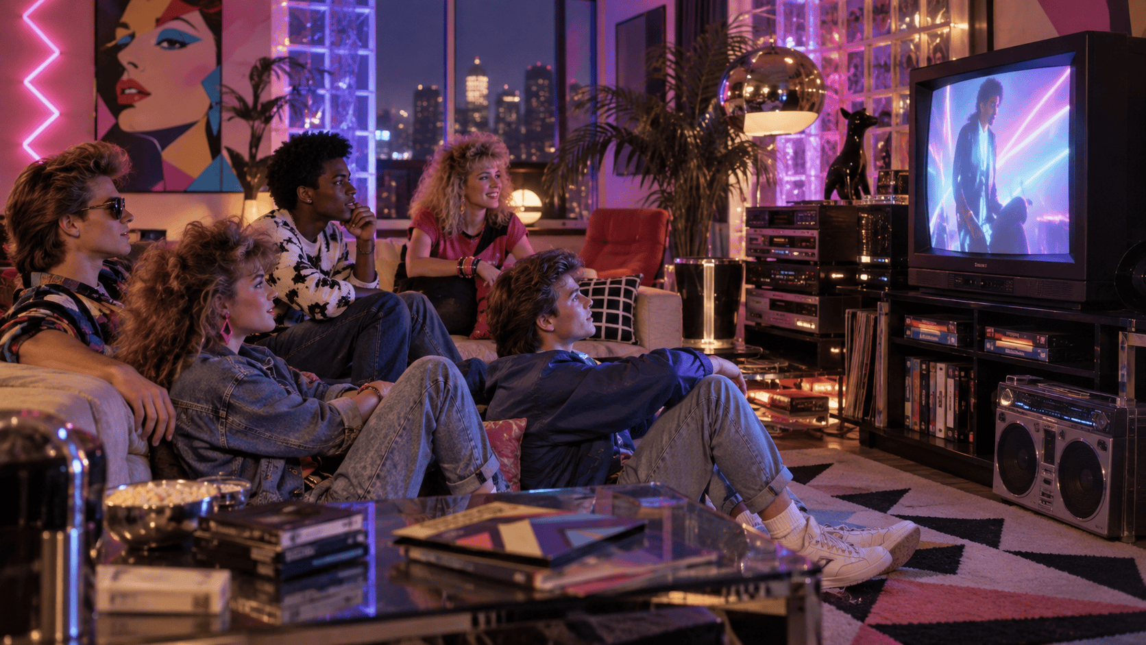 1980s home entertainment room with CRT television, music video, cassette tapes, stereo system and retro fashion