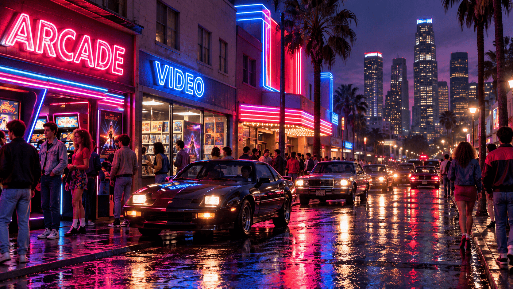 1980s neon city street with arcade, video store, vintage sports cars, nightlife and colorful retro fashion